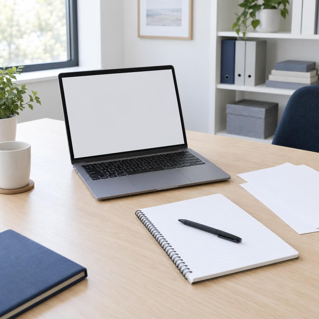 A laptop, notepad, and pen on a bright accounting desk, ready for a few client details.
