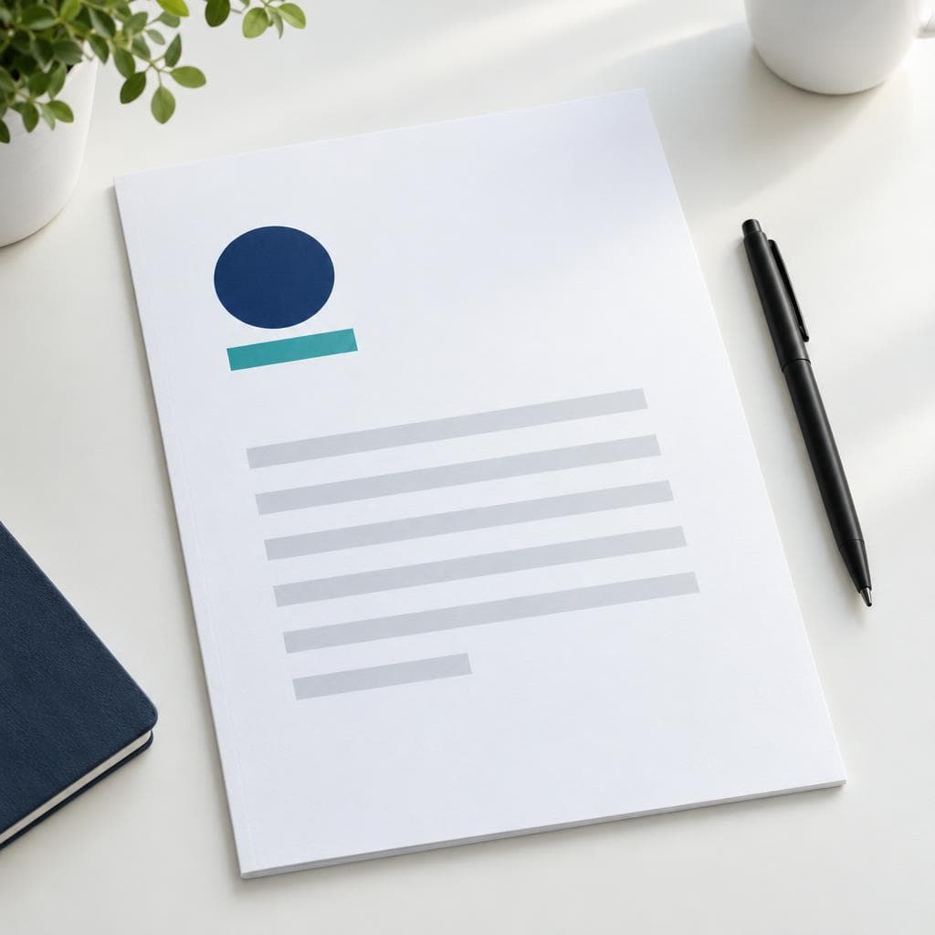 A printed proposal cover with a navy and teal mark and a pen on a white desk.