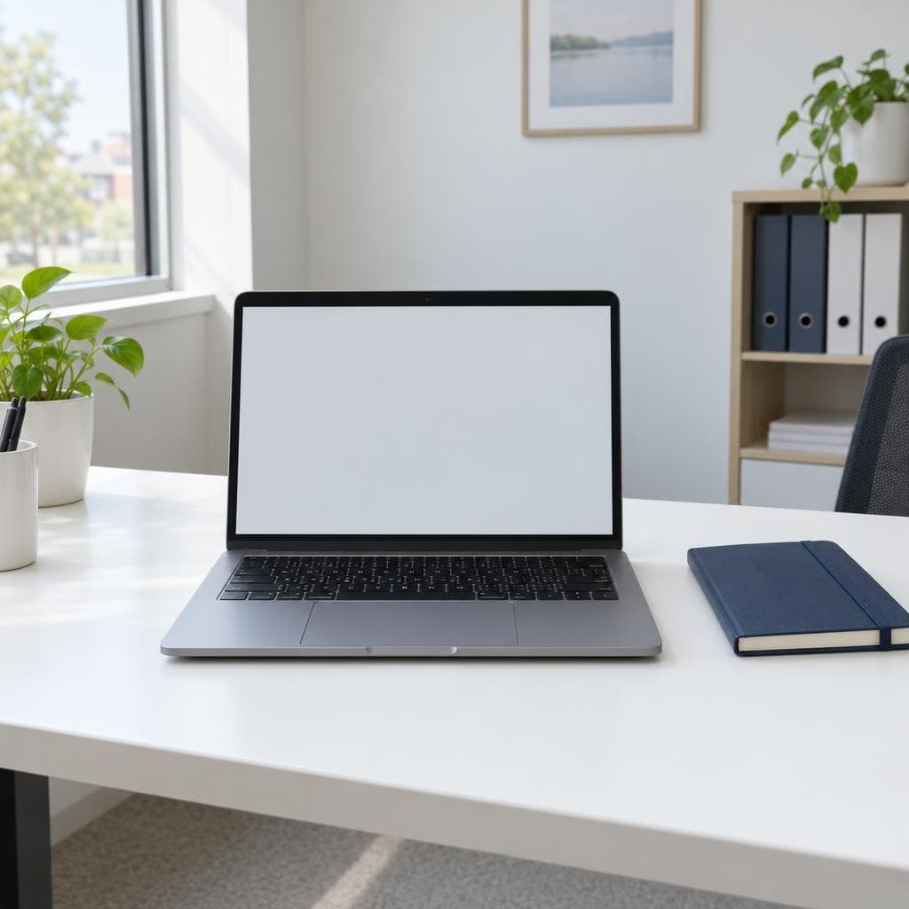 A single laptop and one notebook on a clear desk in a quiet office.