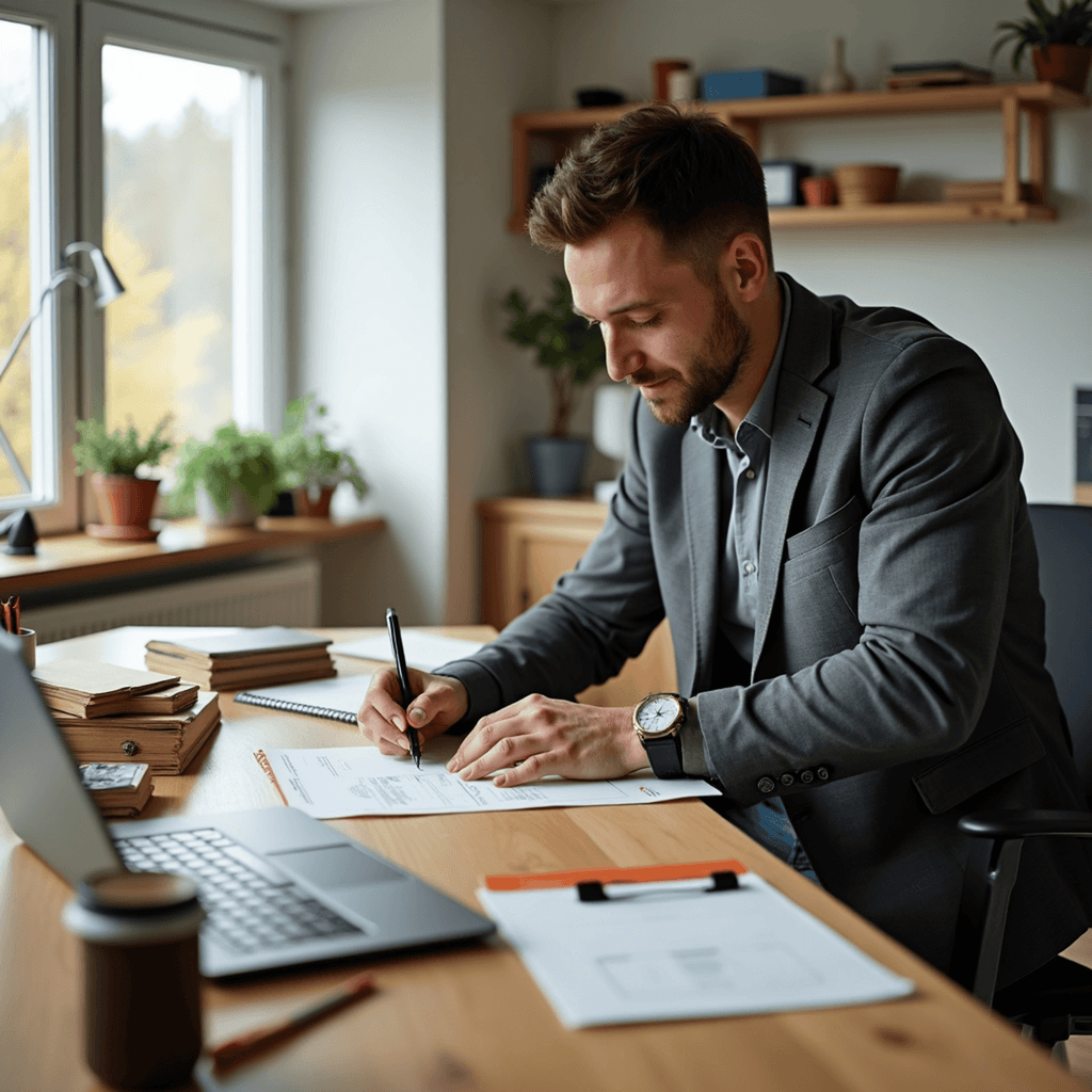 An accountant at a bright desk signing a client proposal beside a laptop.