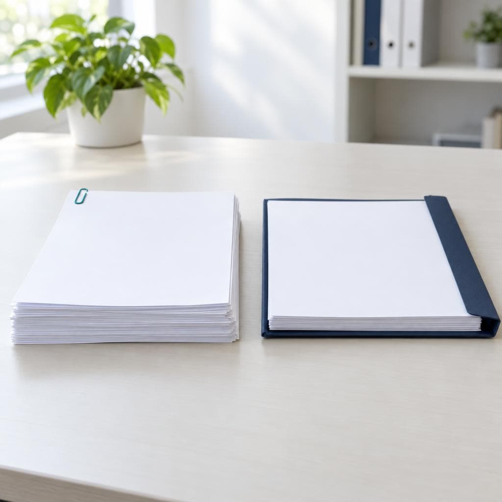 A stack of loose proposal pages beside a navy folder of documents on a desk.